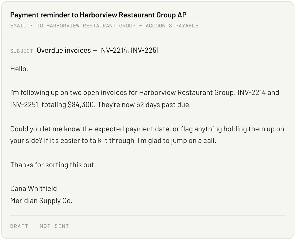 The drafted payment reminder email, stamped Draft — not sent