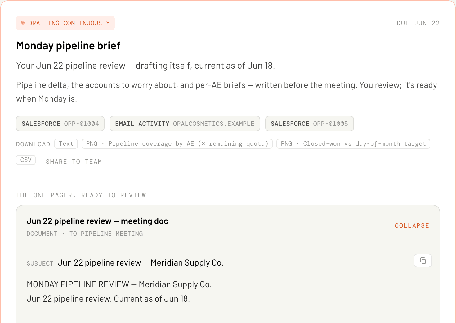 The Monday pipeline brief, drafting itself ahead of the meeting