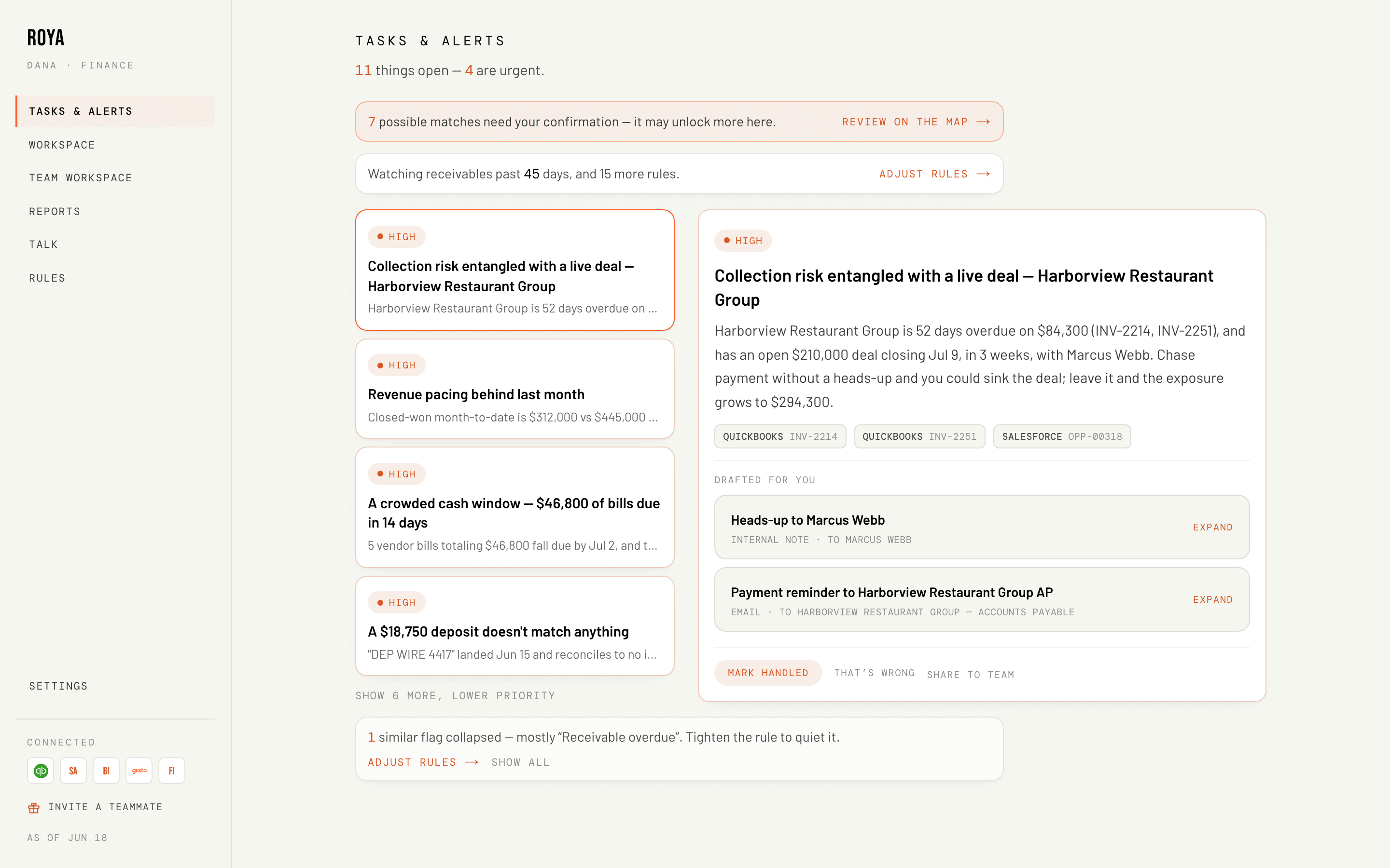 Tasks & Alerts for finance: the $294K collection risk flag with its drafted email